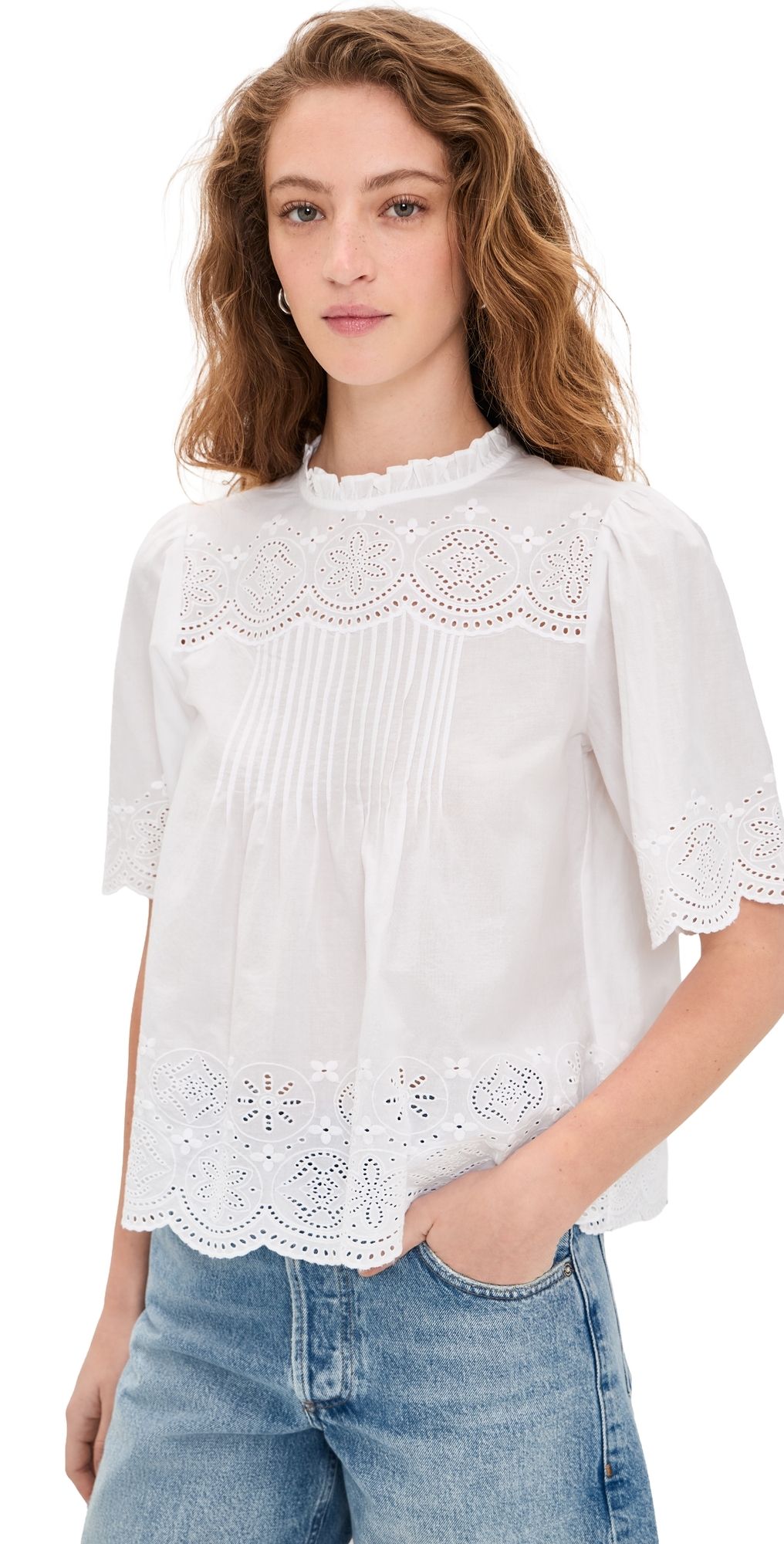 Madewell Embroidered Pintuck High-Neck Top White XL