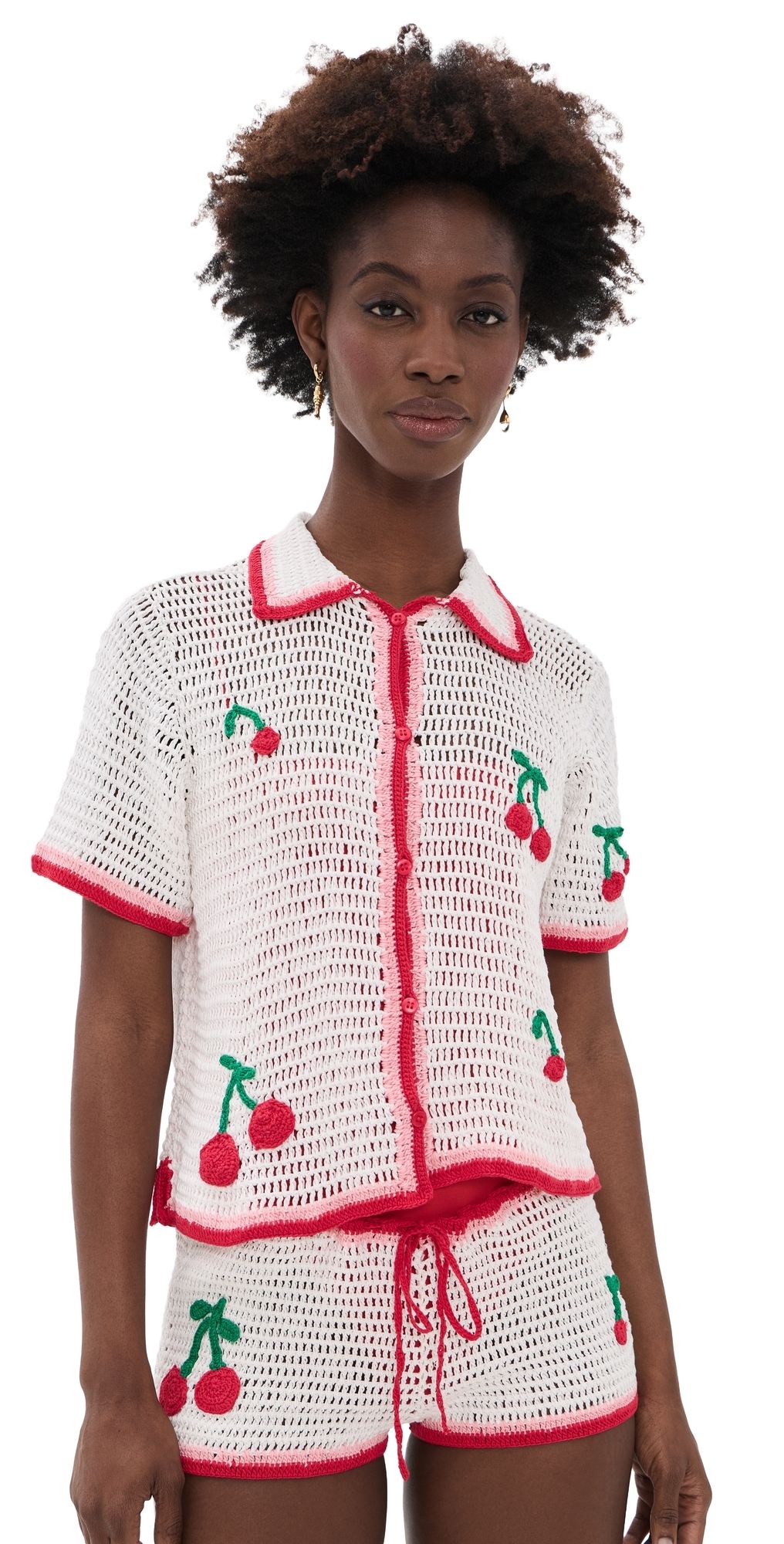 Leslie Amon Ruby Crochet Shirt White and Red L
