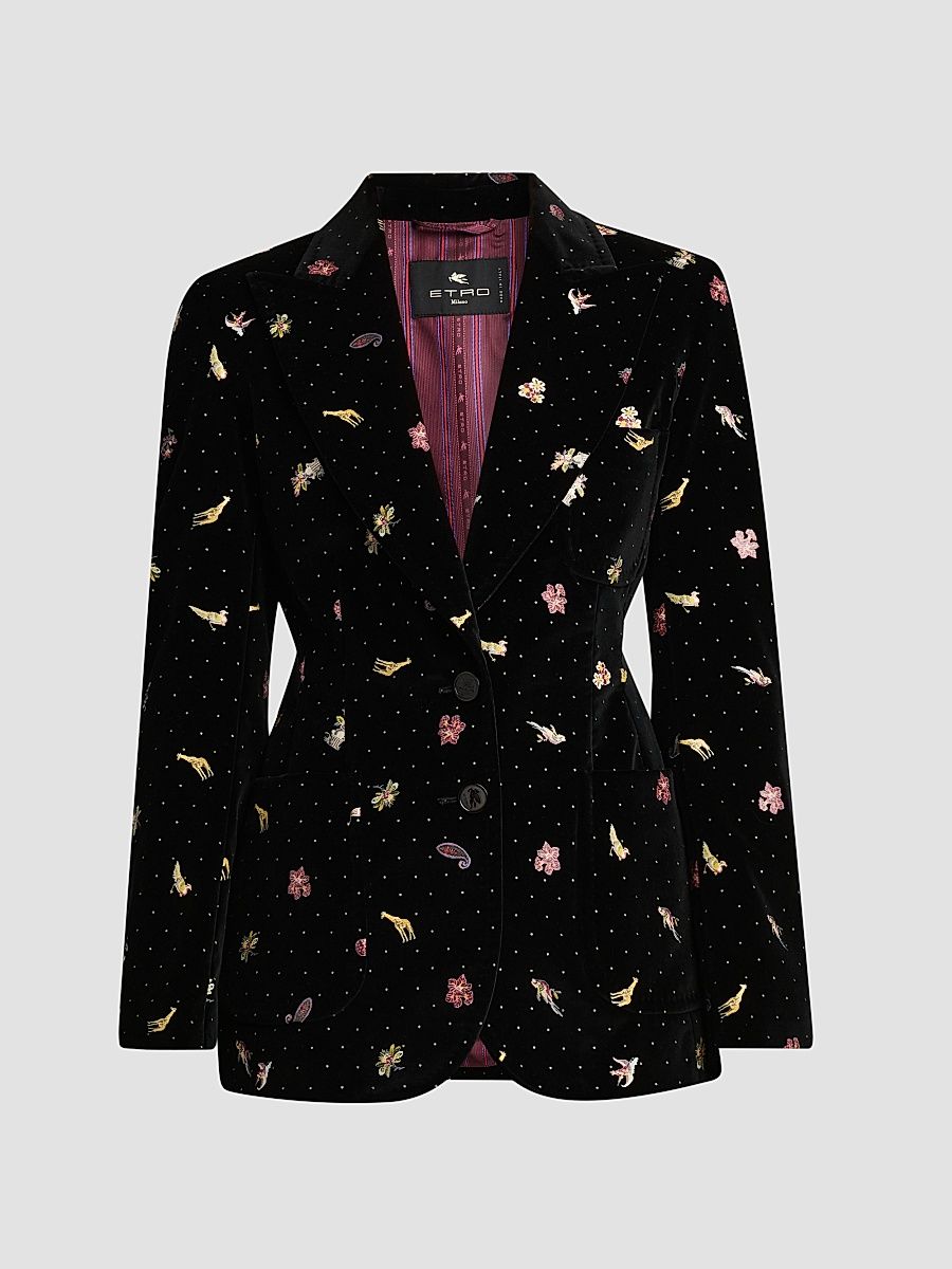 Women's Embroidered Velvet Cotton-Blend Blazer - Printed Black Base - Size 0