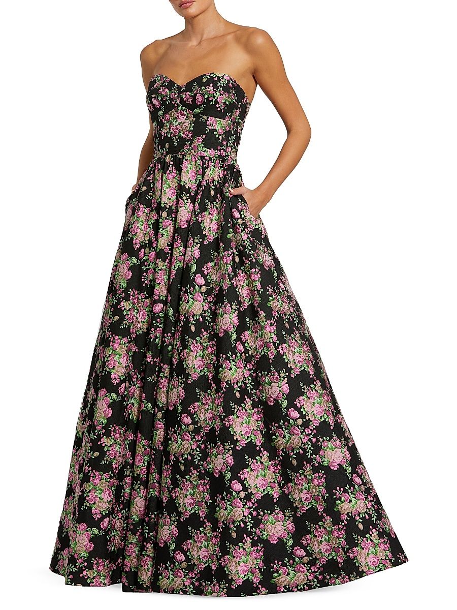 Women's Floral Brocade Strapless Ballgown - Black Multi - Size 4