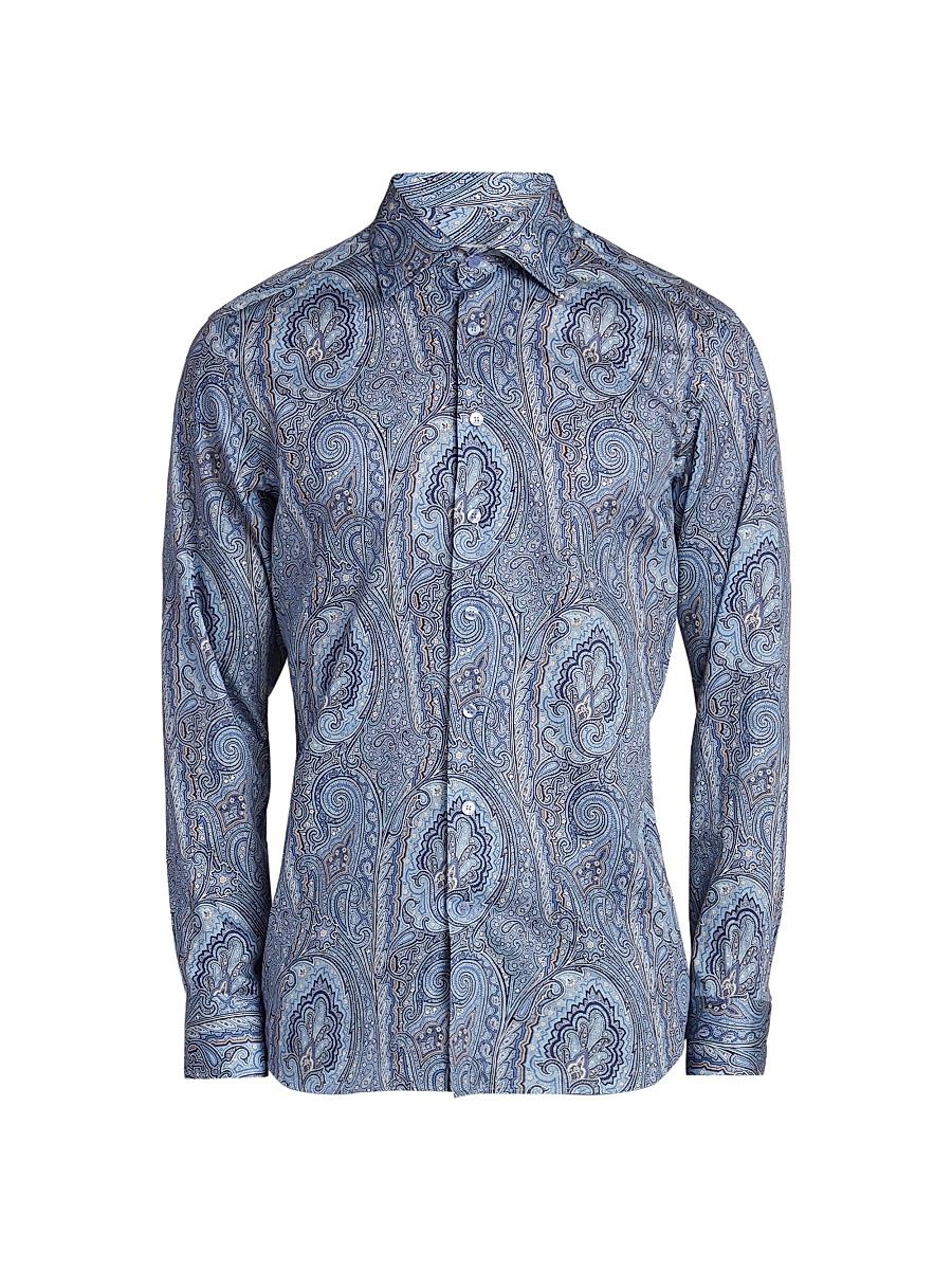 Men's Paisley Cotton Button-Front Shirt - Printed Azure Base - Size 36