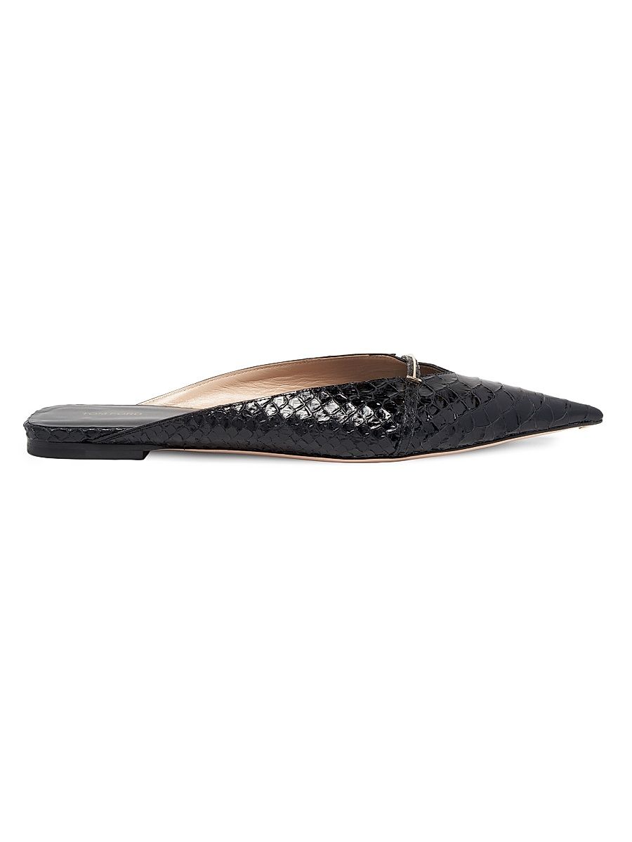 Women's Python-Embossed Leather Mules - Black - Size 11.5