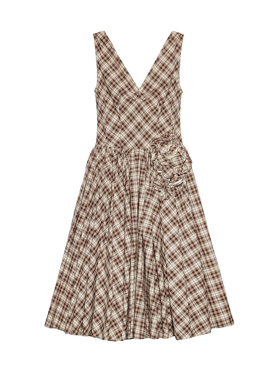 Women's Embroidered Checked Poplin Dress - Beige Khaki - Size 10