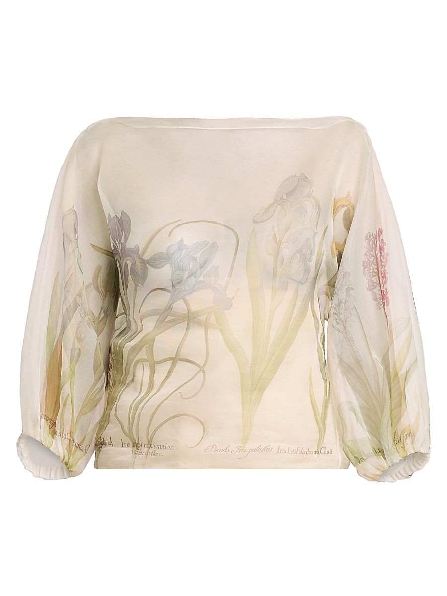 Women's Floral Silk Boatneck Blouse - Size Large