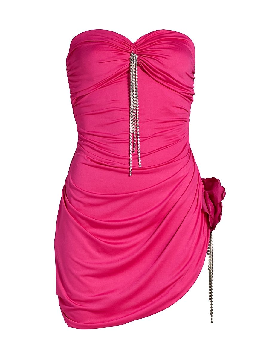 Women's Draped Crystal Flower Minidress - Fuchsia - Size Large