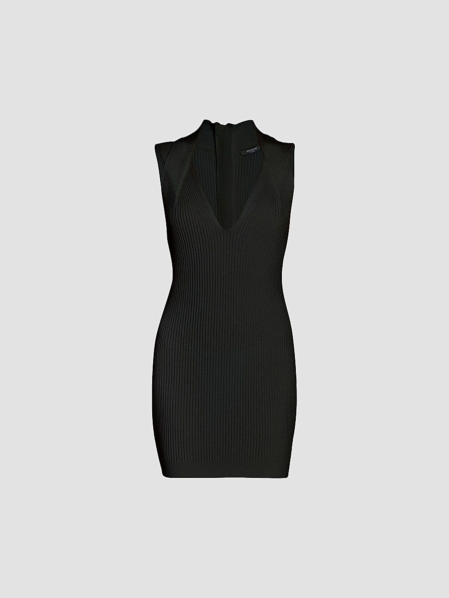 Balmain Women's Twisted V-Neck Ribbed Sleeveless Minidress - Noir - Size 4