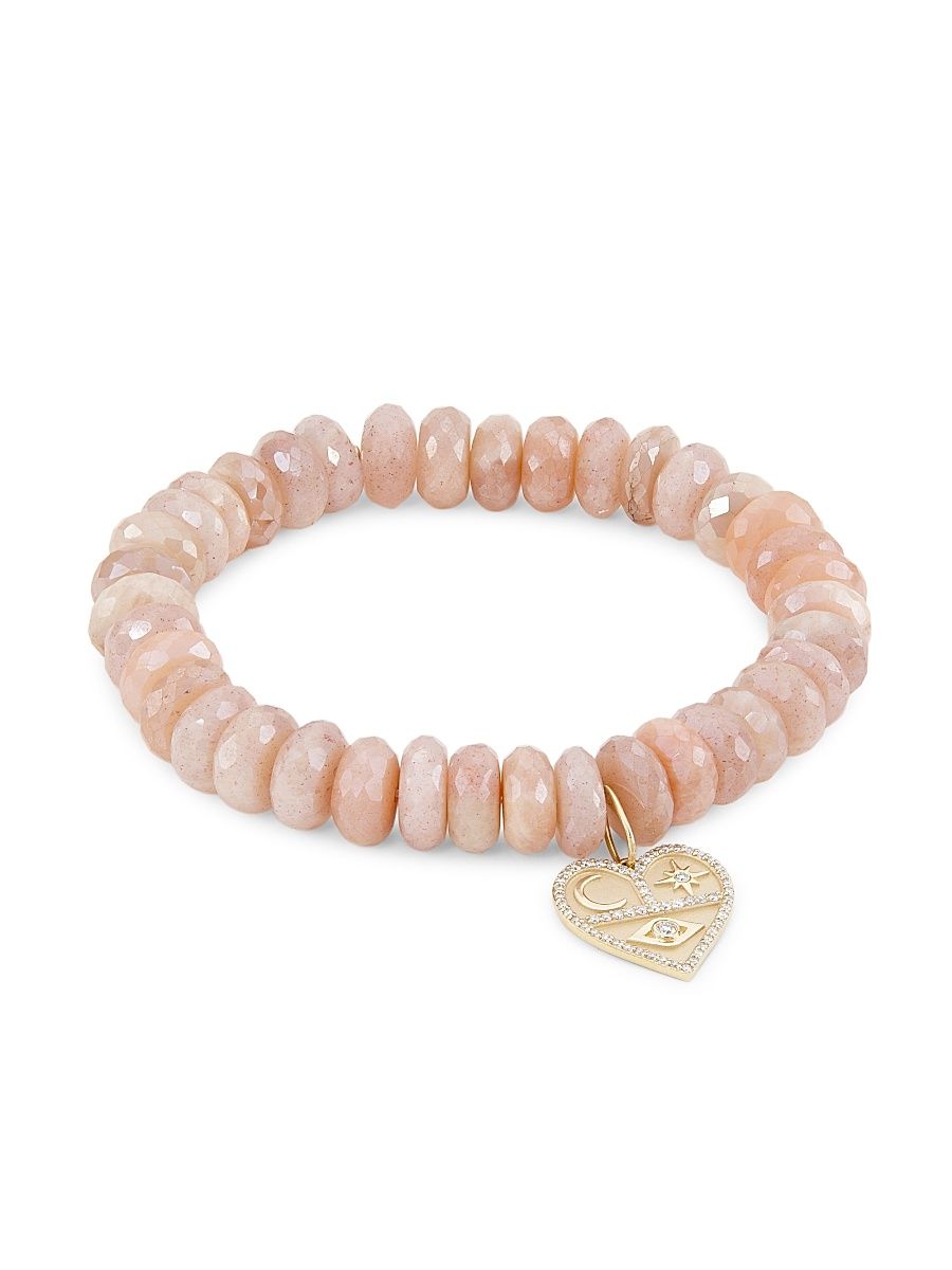 Women's Heart Icon 14K Gold, Diamond & Moonstone Charm Bracelet - Beige Moonstone