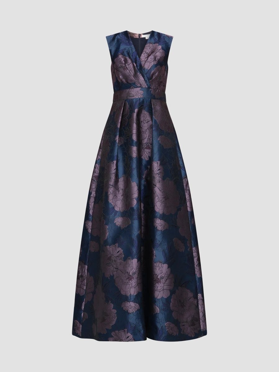 Kay Unger Women's Everyly Floral Jacquard Surplice Gown - Ink Multi - Size 2