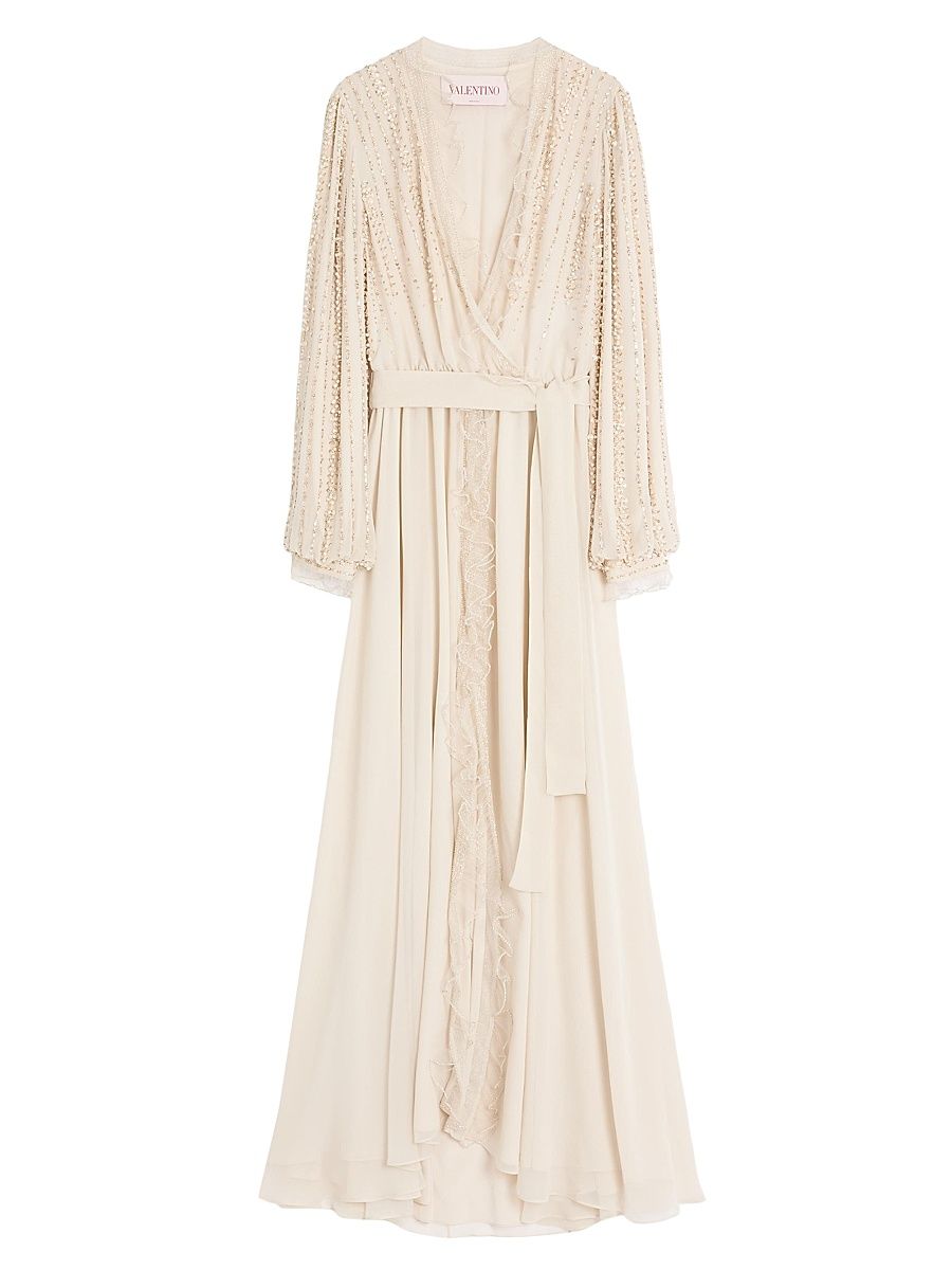 Women's Long Dress in Embroidered Light Georgette - Ivory Beige - Size 2