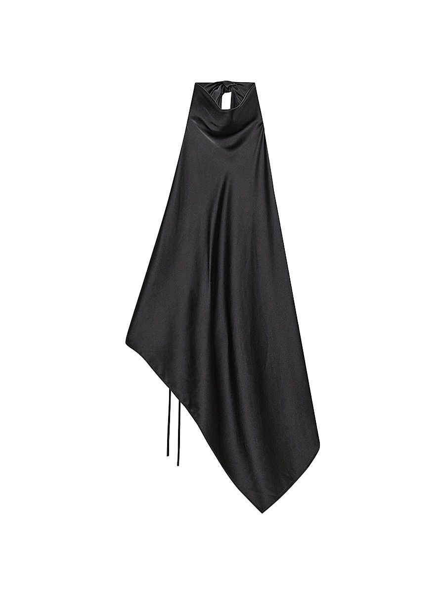 Women's Silk Charmeuse Tie Scarf Top - Black - Size Large