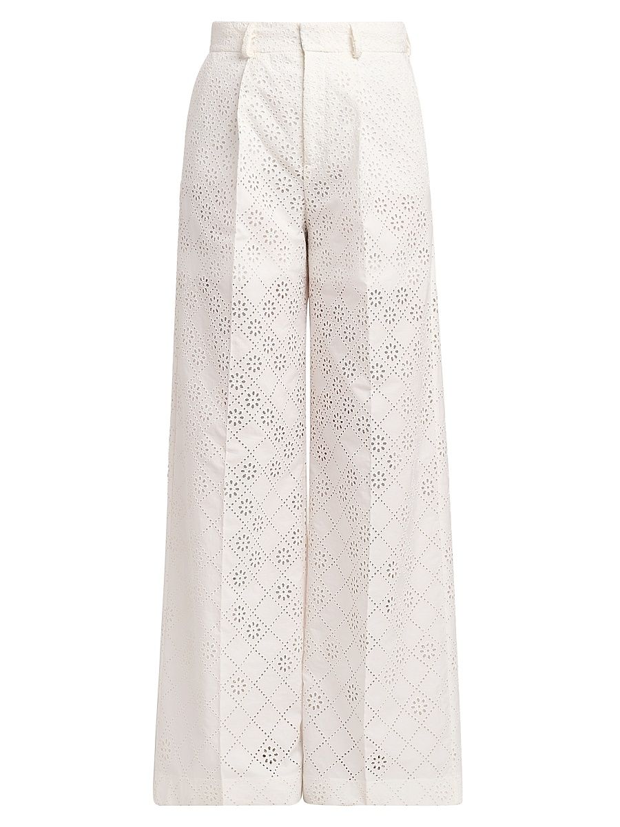 Women's Broderie Anglaise High-Rise Straight-Leg Pants - White - Size 2