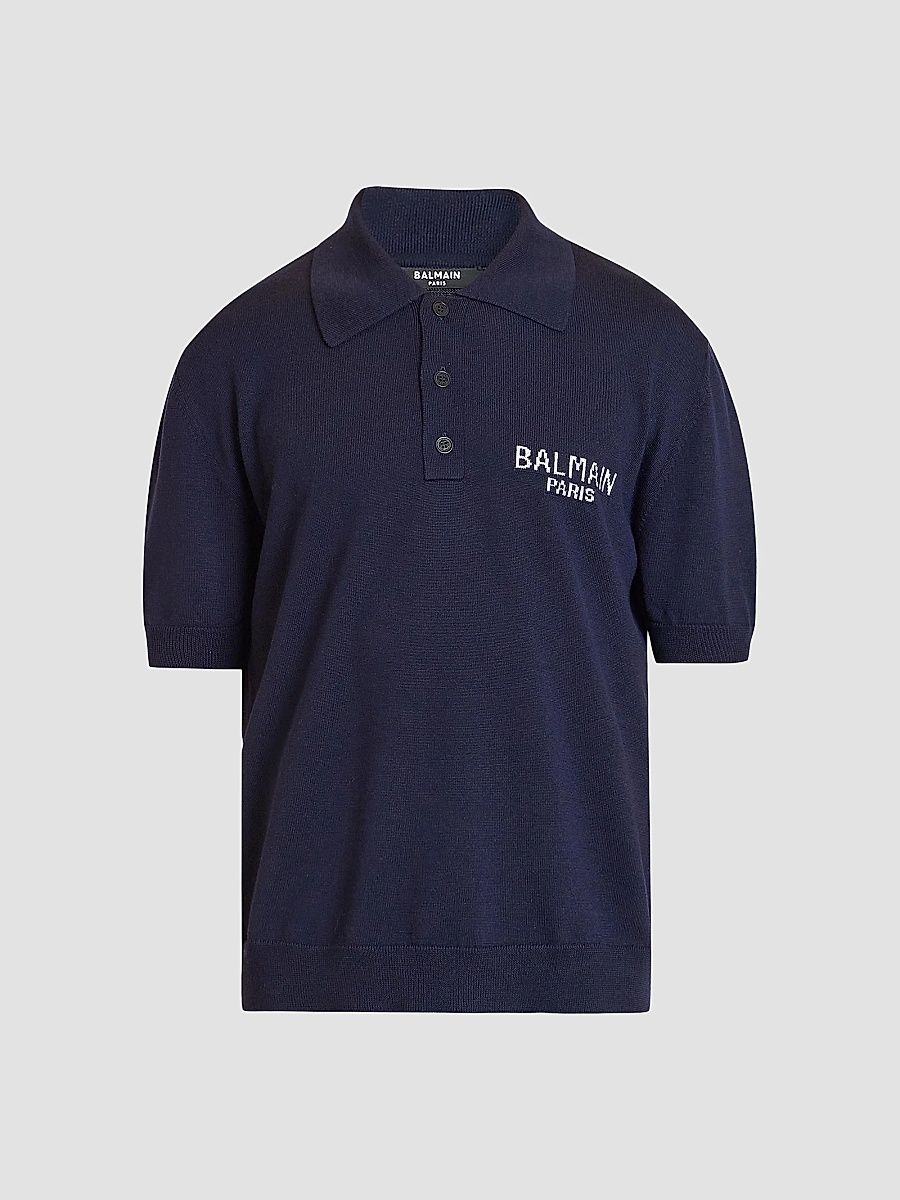 Balmain Men's Logo Merino Wool Short-Sleeve Polo Sweater - Blue Marine Natural - Size XL