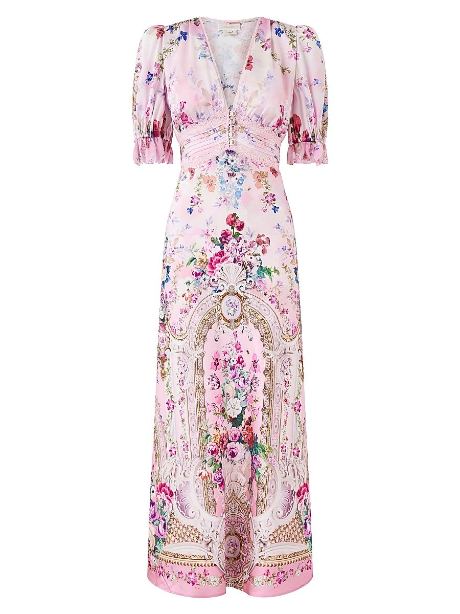 Women's Floral Silk Midi-Dress - Palatial Pastels - Size XS