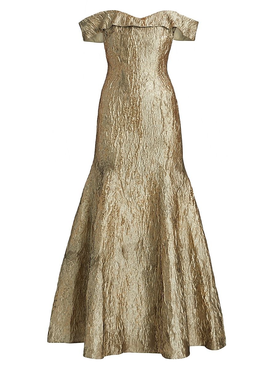 Women's Metallic Jacquard Off-the-Shoulder Mermaid Gown - Gold - Size 14