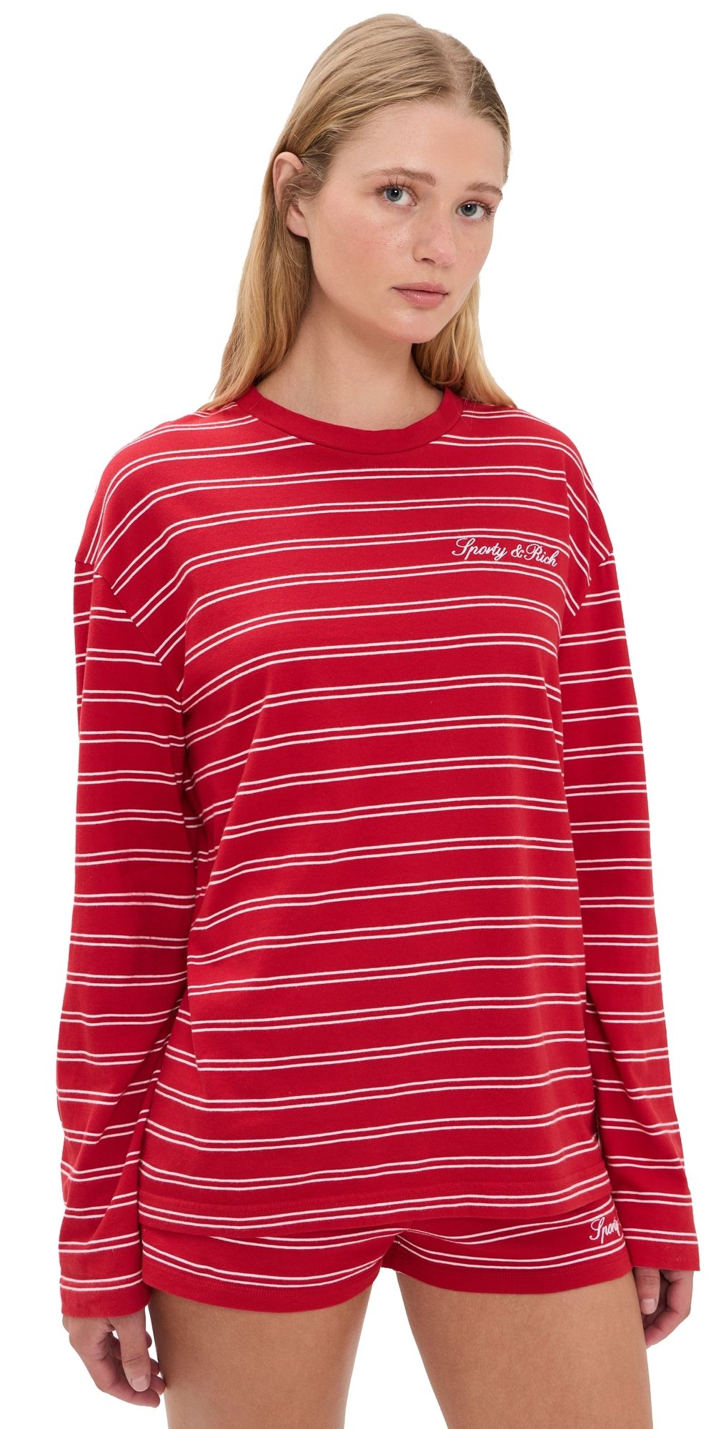 Sporty & Rich Signature Logo Easy Tee Ruby/White S