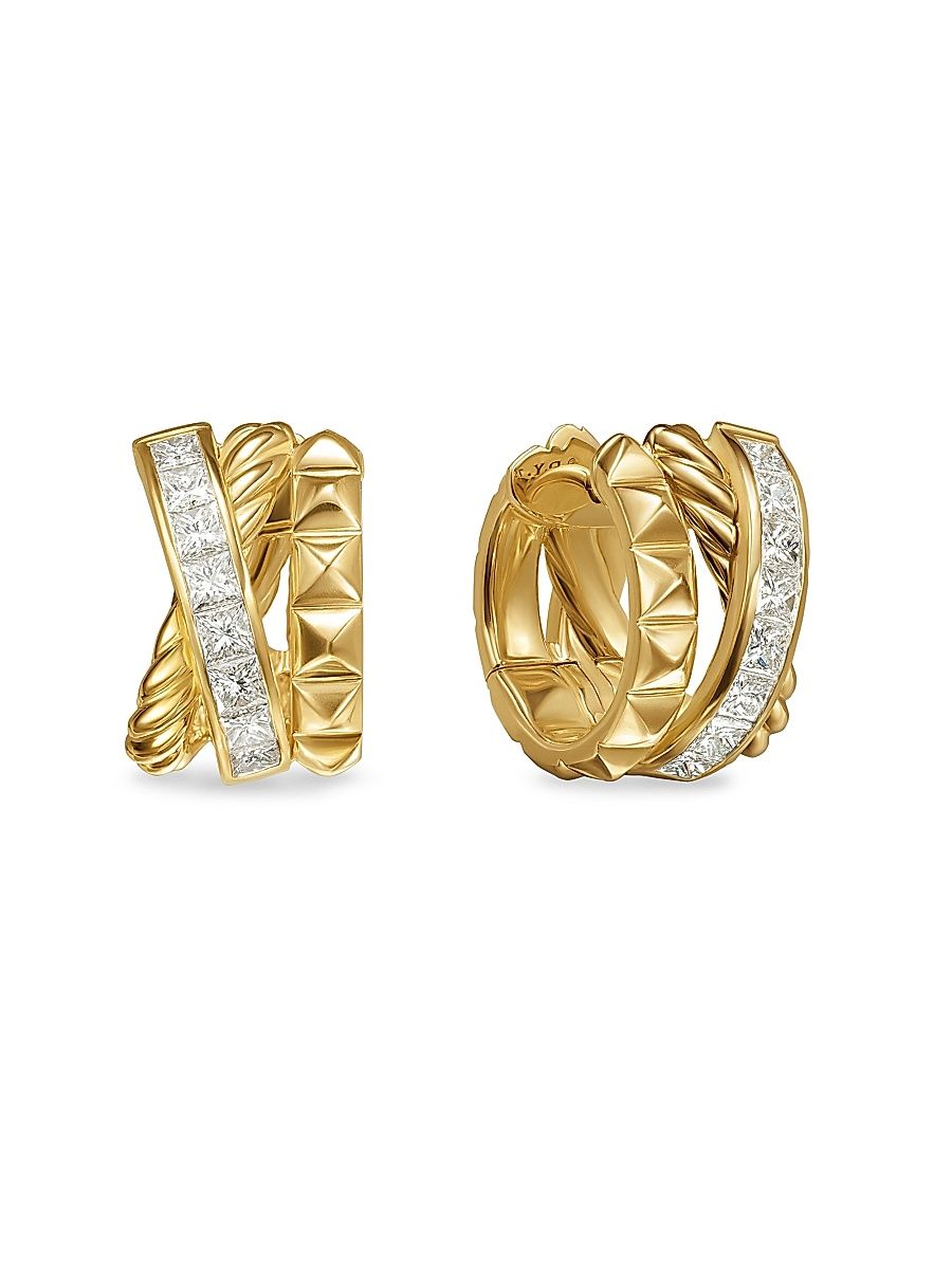 Women's Crossover Trio Huggie Hoop Earrings in 18K Yellow Gold with Diamonds, 15.1MM - Gold