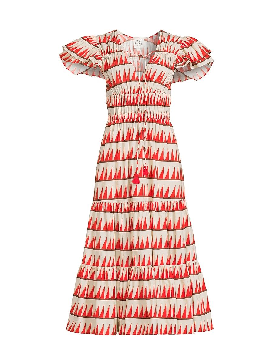 Women's Tiered Peasant Midi-Dress - Red Shawdowed Triangles - Size Medium