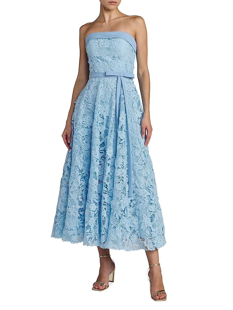 Women's Floral-Lace Crepe Strapless Midi-Dress - Powder Blue - Size 16