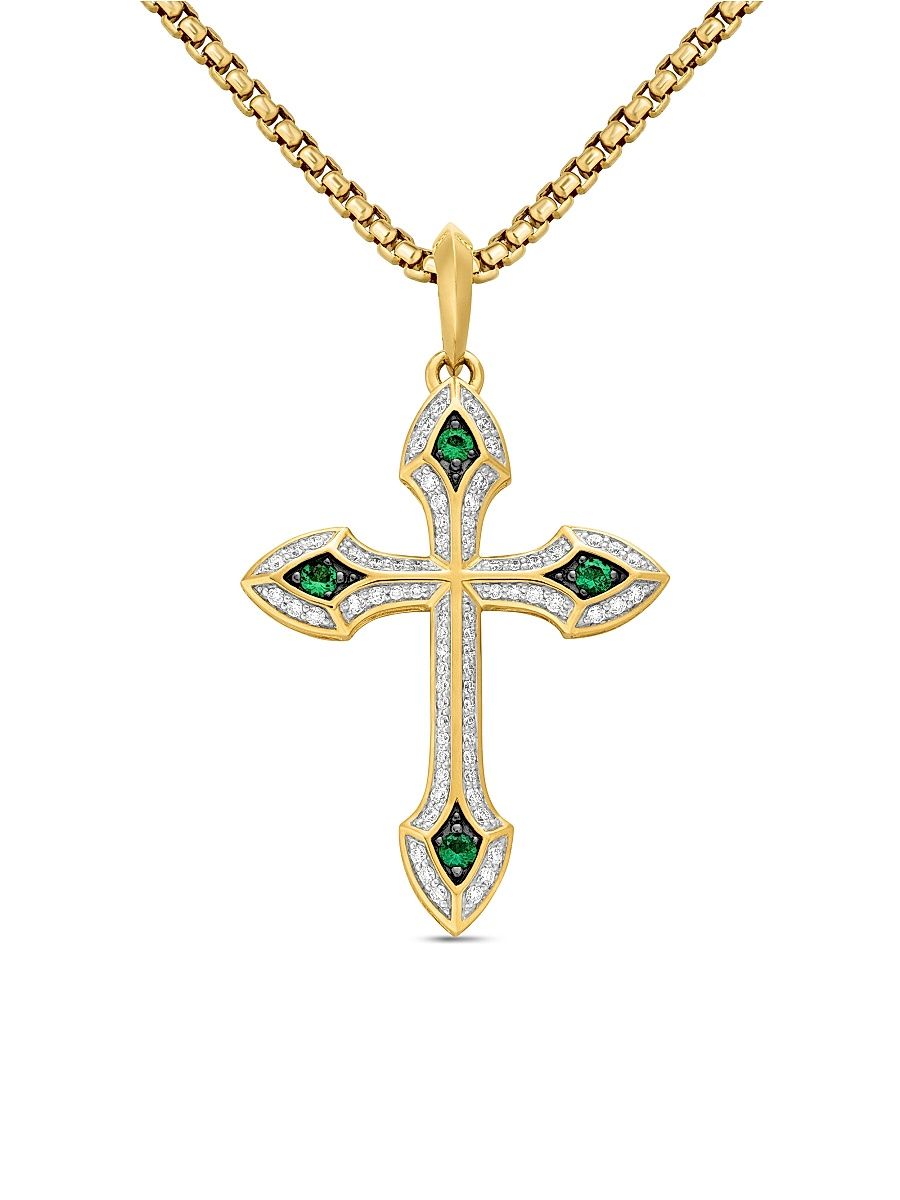 Men's Gothic Cross Amulet in 18K Yellow Gold - Emerald