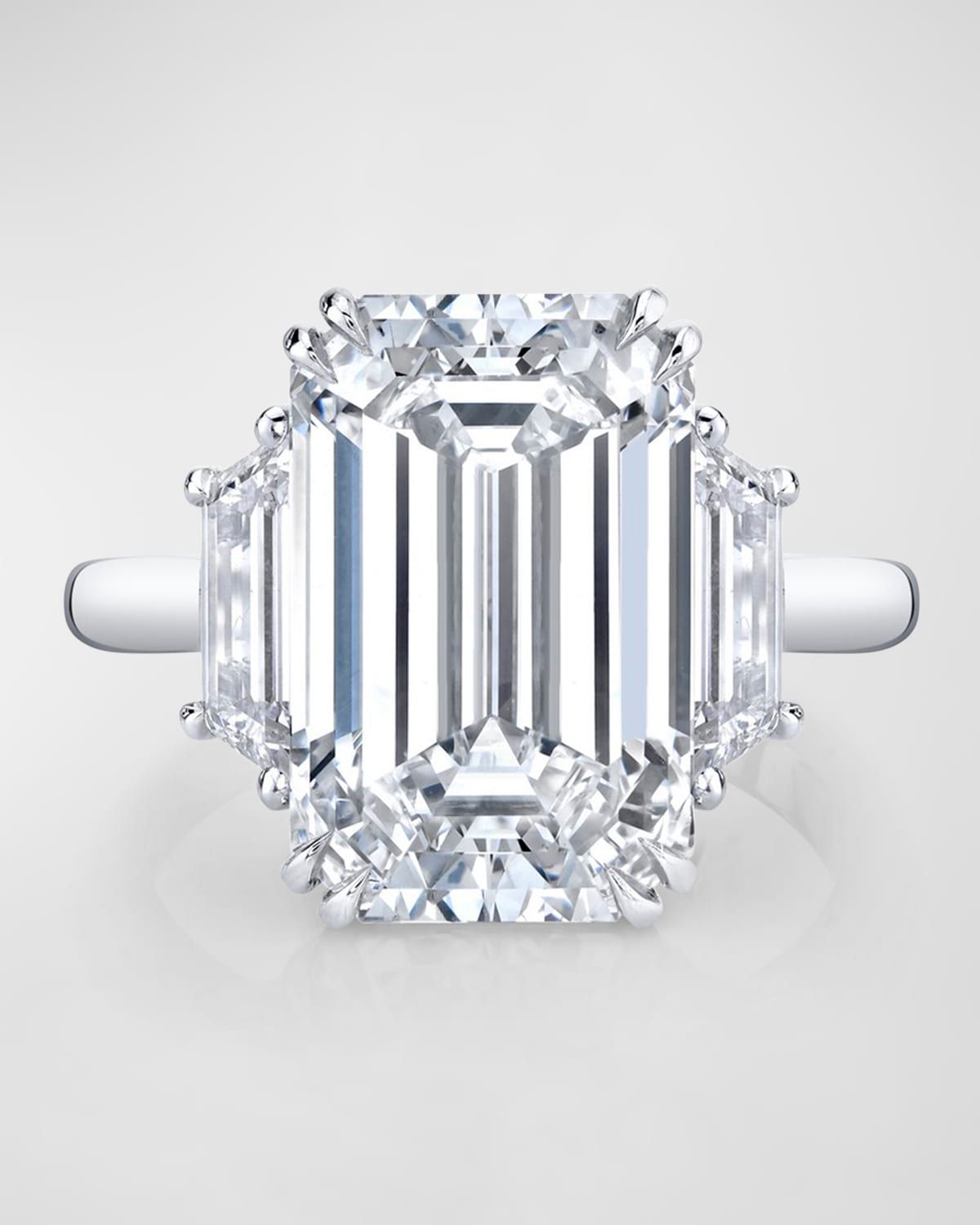 Platinum 3 Stone Ring with White Diamond Emerald Cut Center and White Diamond Trapezoid Sides, Size 6.5, 17.82tcw