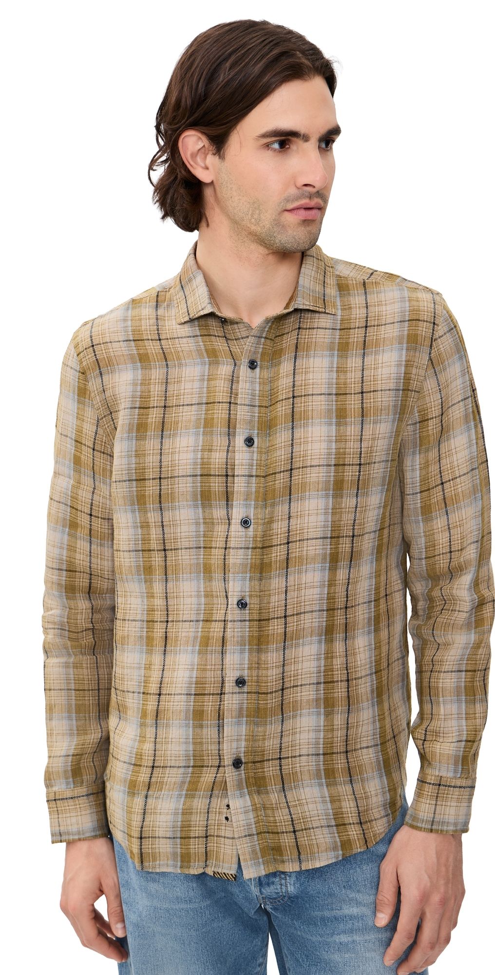 Billy Reid Dobby Plaid Linen Cedar Button Down Shirt Olive Multi S