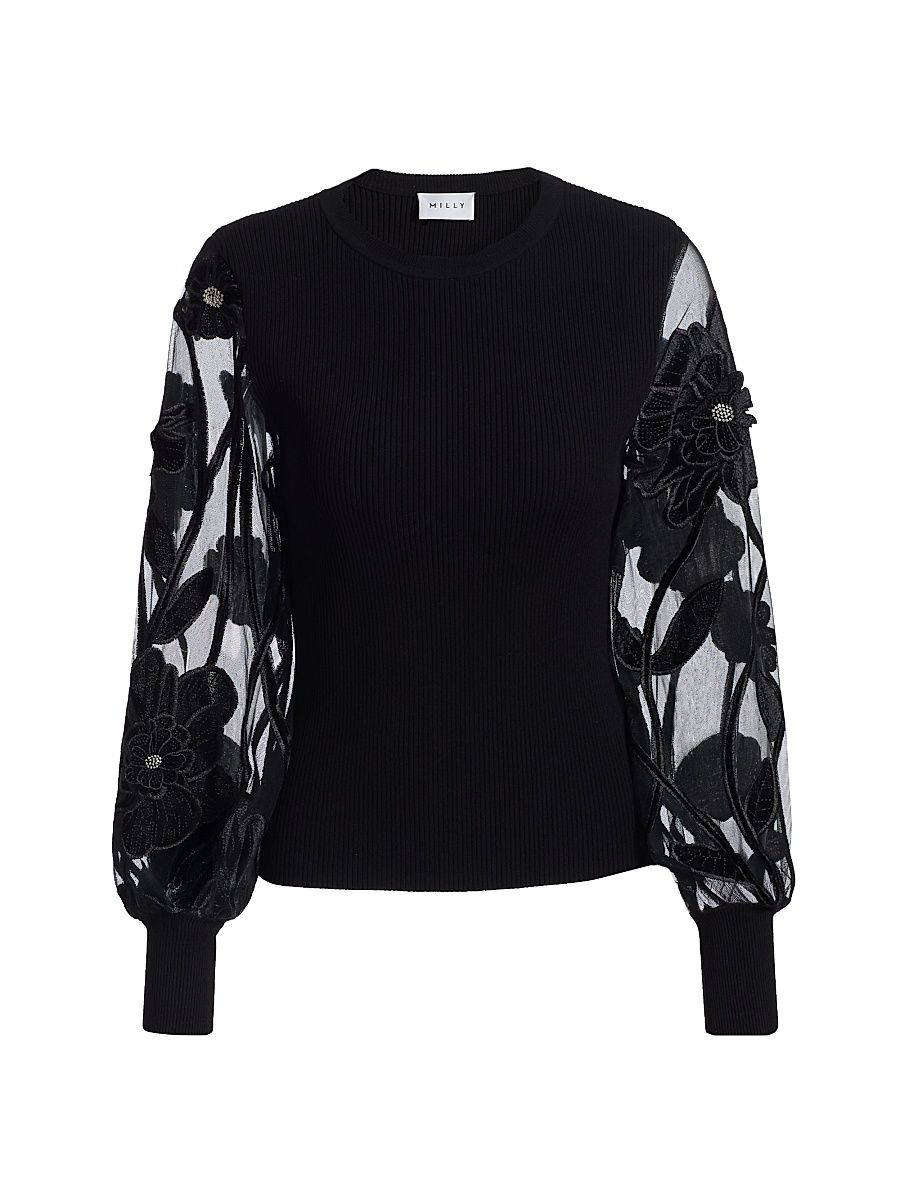 Women's Rosita Lace-Sleeve Rib-Knit Top - Black - Size Small