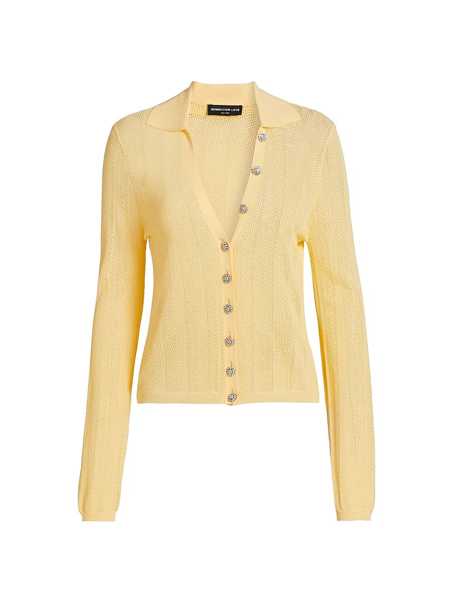 Women's Megan Pointelle-Knit V-Neck Cardigan - Pale Yellow - Size XL