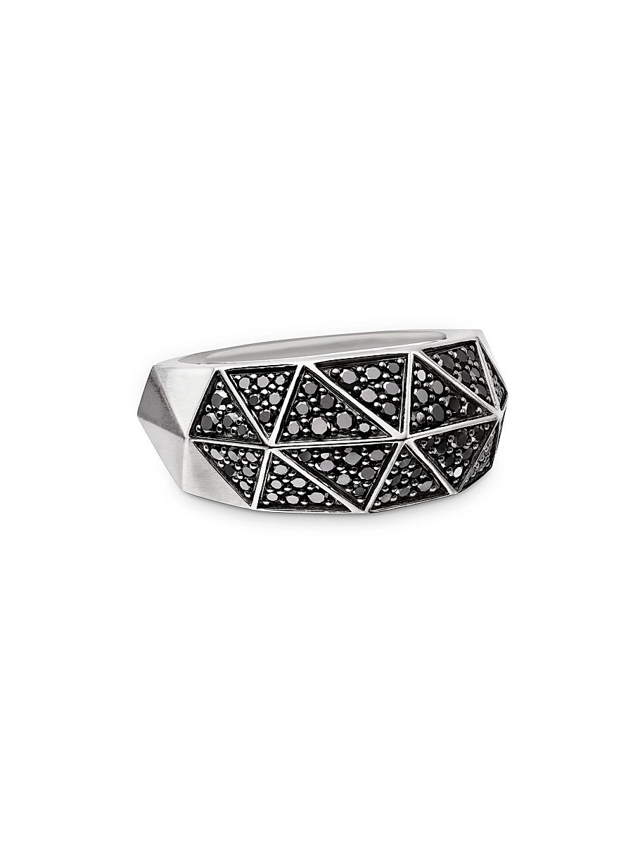 Men's Torqued Faceted Signet Ring in Sterling Silver - Black Diamond - Size 13