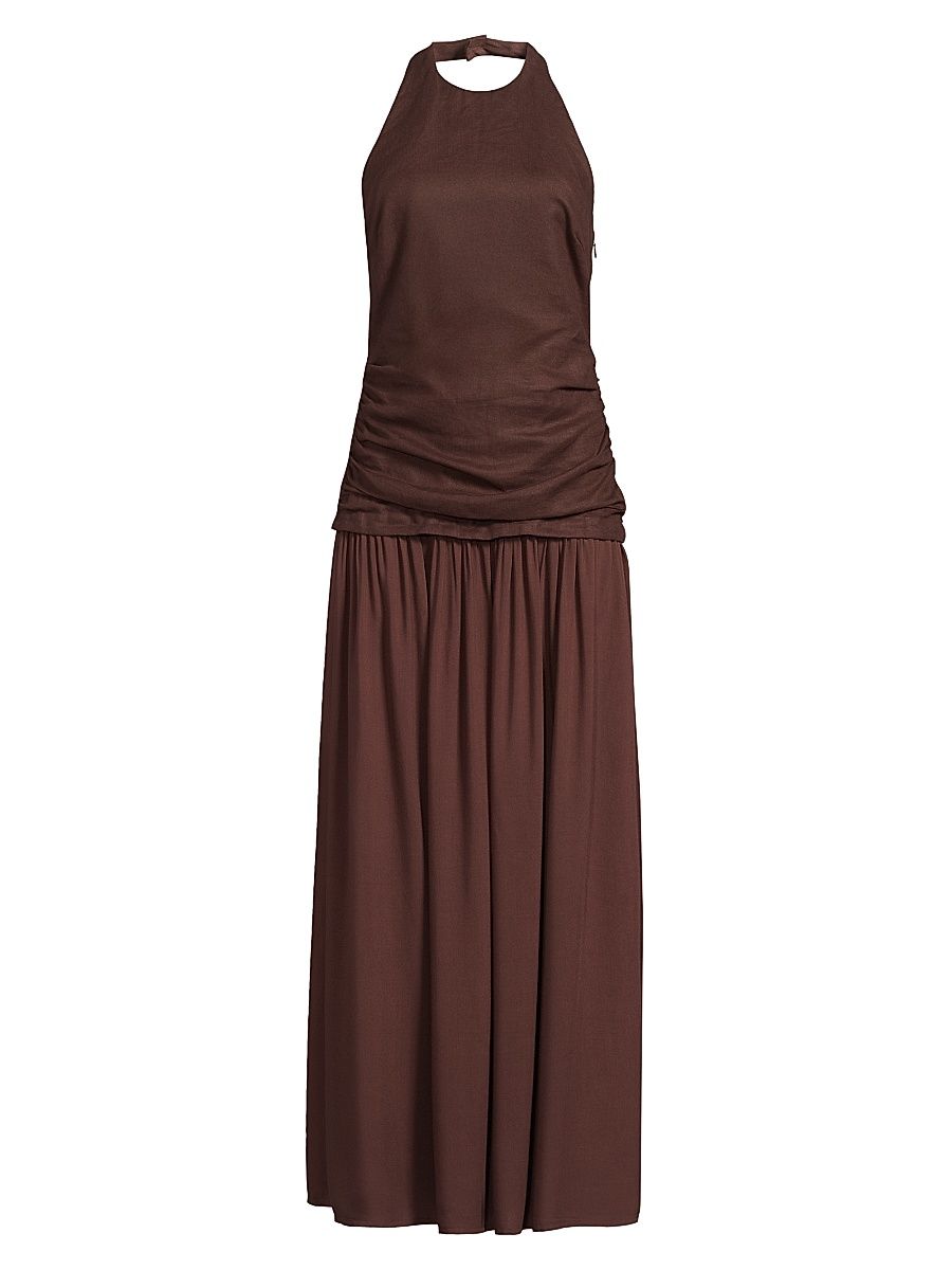 Women's Tali Ruched Linen A-Line Maxi Dress - Carob - Size 12