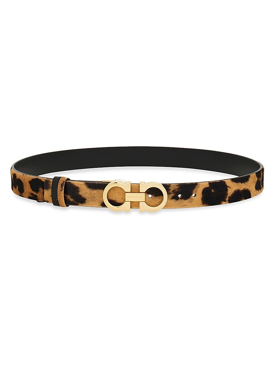 Women's Donna Double Gancini Leopard Calf Hair Belt - Natural Black