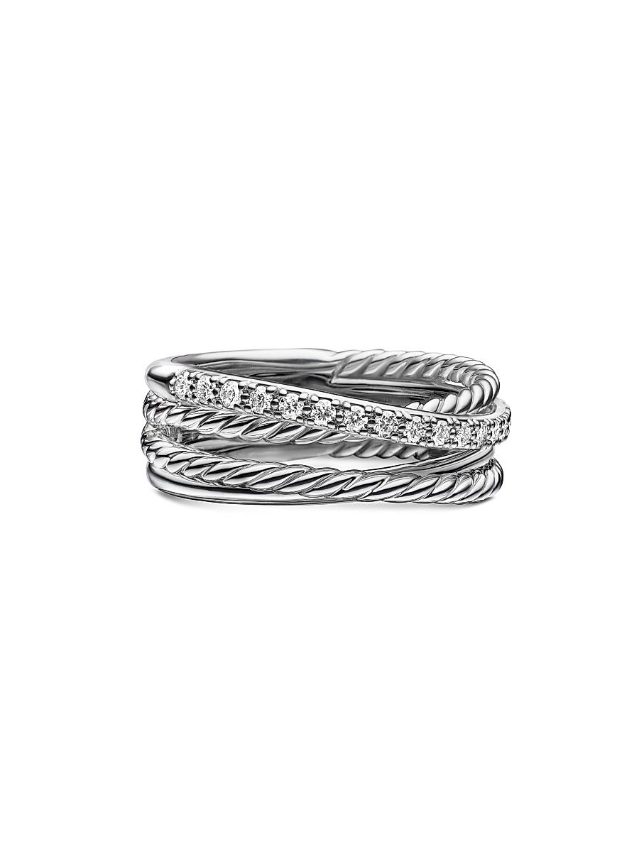 Women's Crossover Band Ring with Pavé Diamonds - Sterling Silver - Size 9