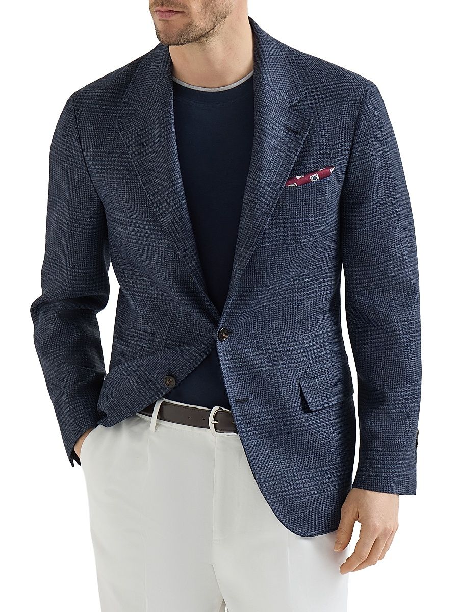 Men's Wool, Silk and Linen Prince of Wales Deconstructed Blazer - Denim - Size 44