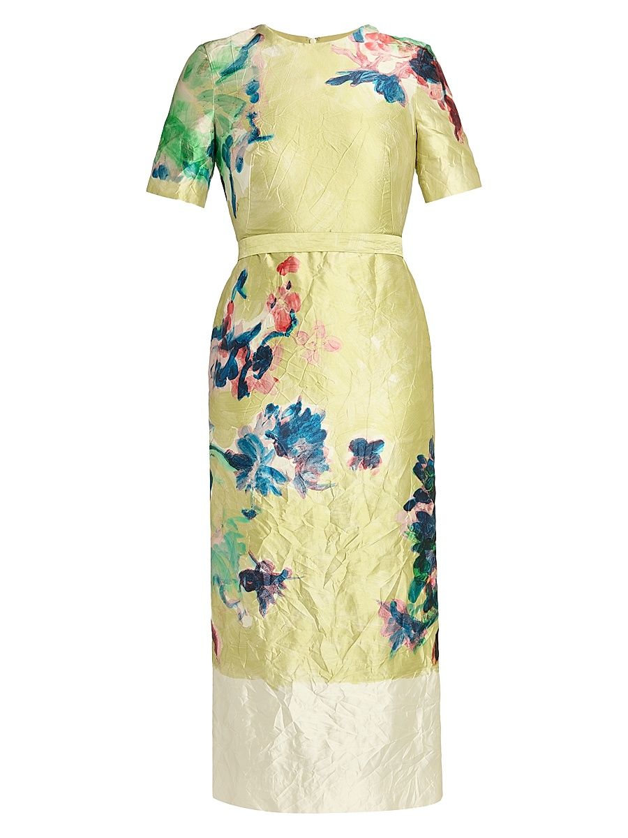 Women's Floral Crinkled Metallic Cocktail Dress - Artist Garden Venetian Yellow - Size 4