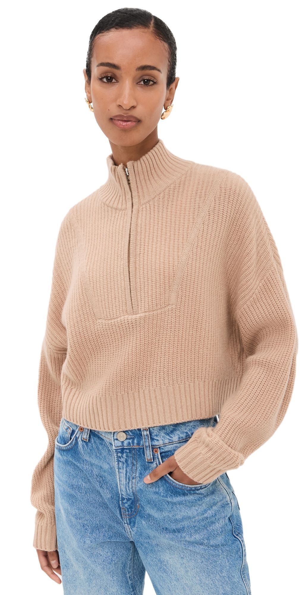 STAUD Cropped Hampton Sweater Camel XL
