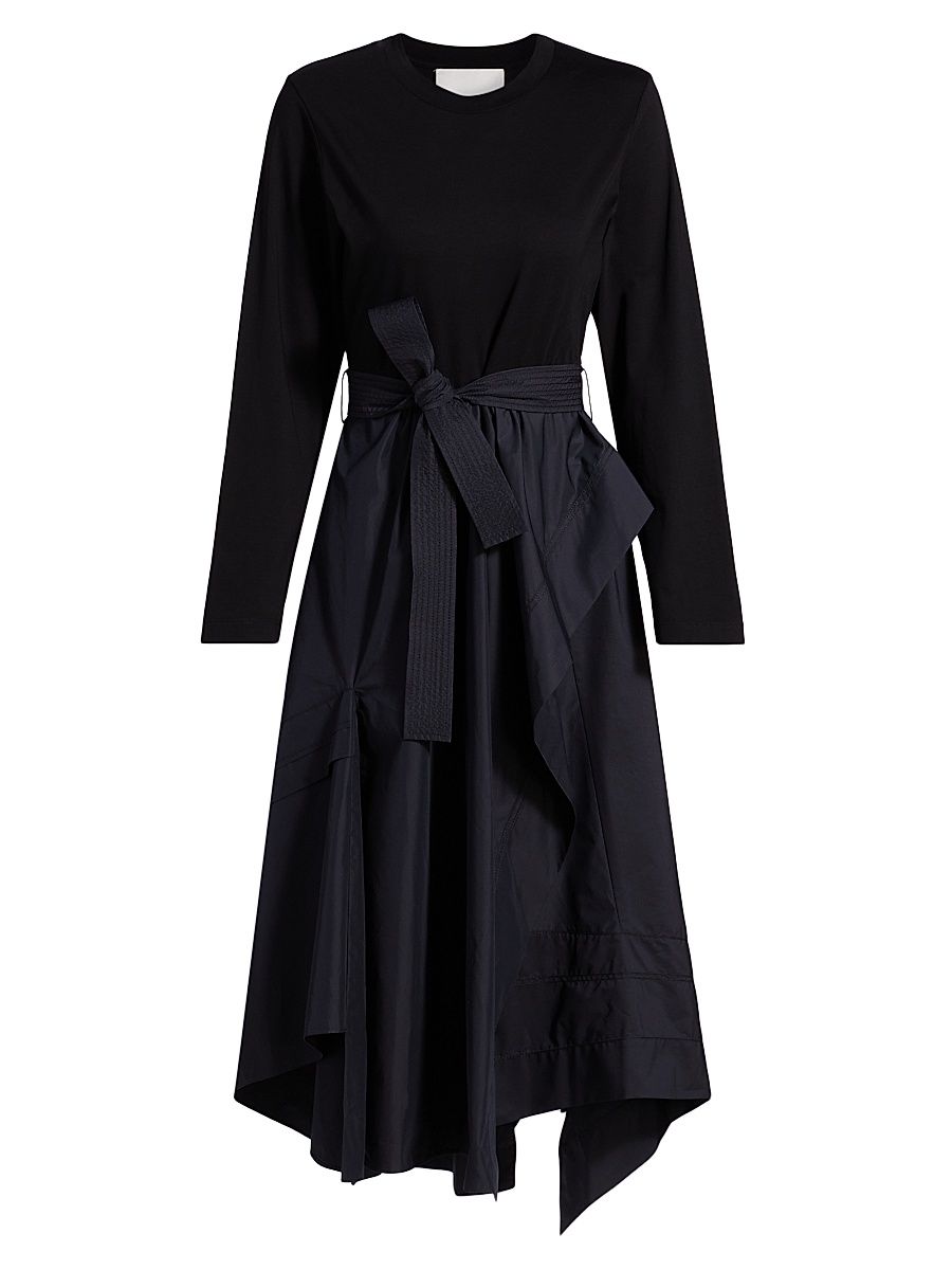 Women's Round Neck Mixed Media Long-Sleeve Midi-Dress - Black Midnight - Size Medium