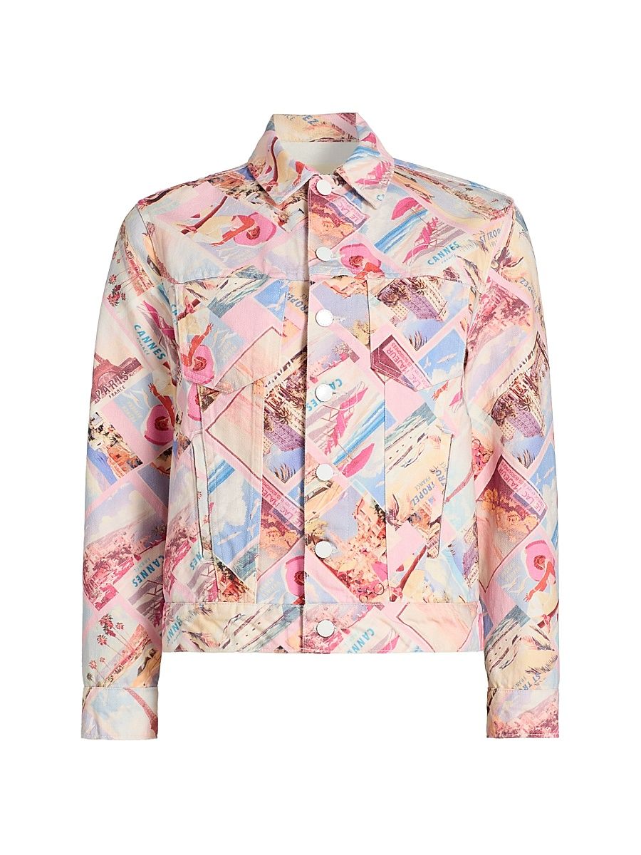 Women's Joey Postcard-Print Oversized Denim Jacket - Light Pink Postcard Print - Size XS