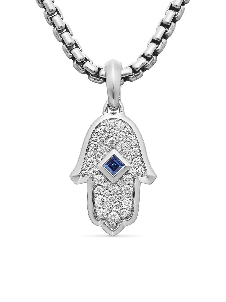 Women's Hamsa Amulet in 18K White Gold with Pavé Diamonds and Sapphire, 26MM - Light Blue Sapphire