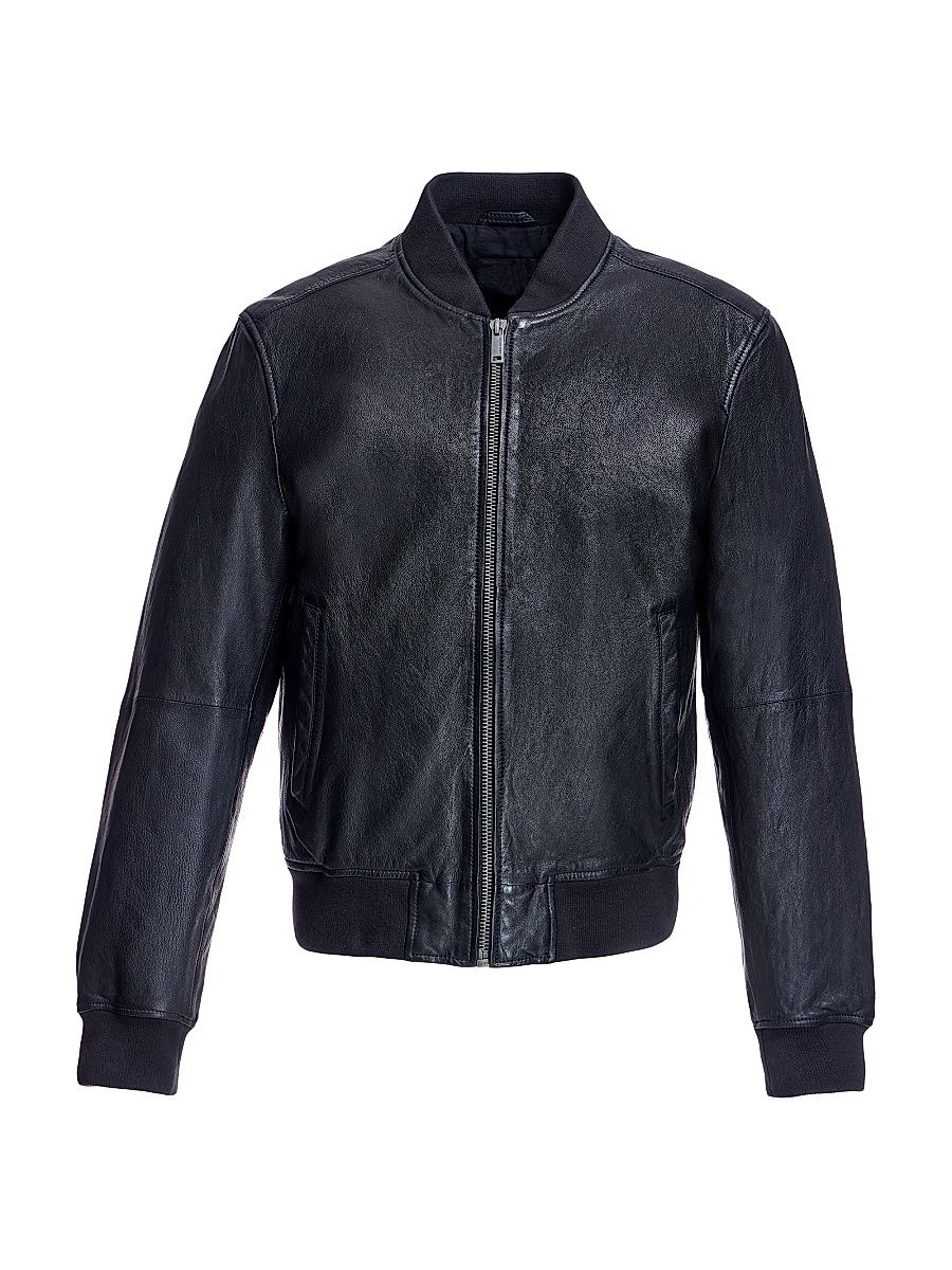 Men's Leather Bomber Jacket - Black - Size Medium