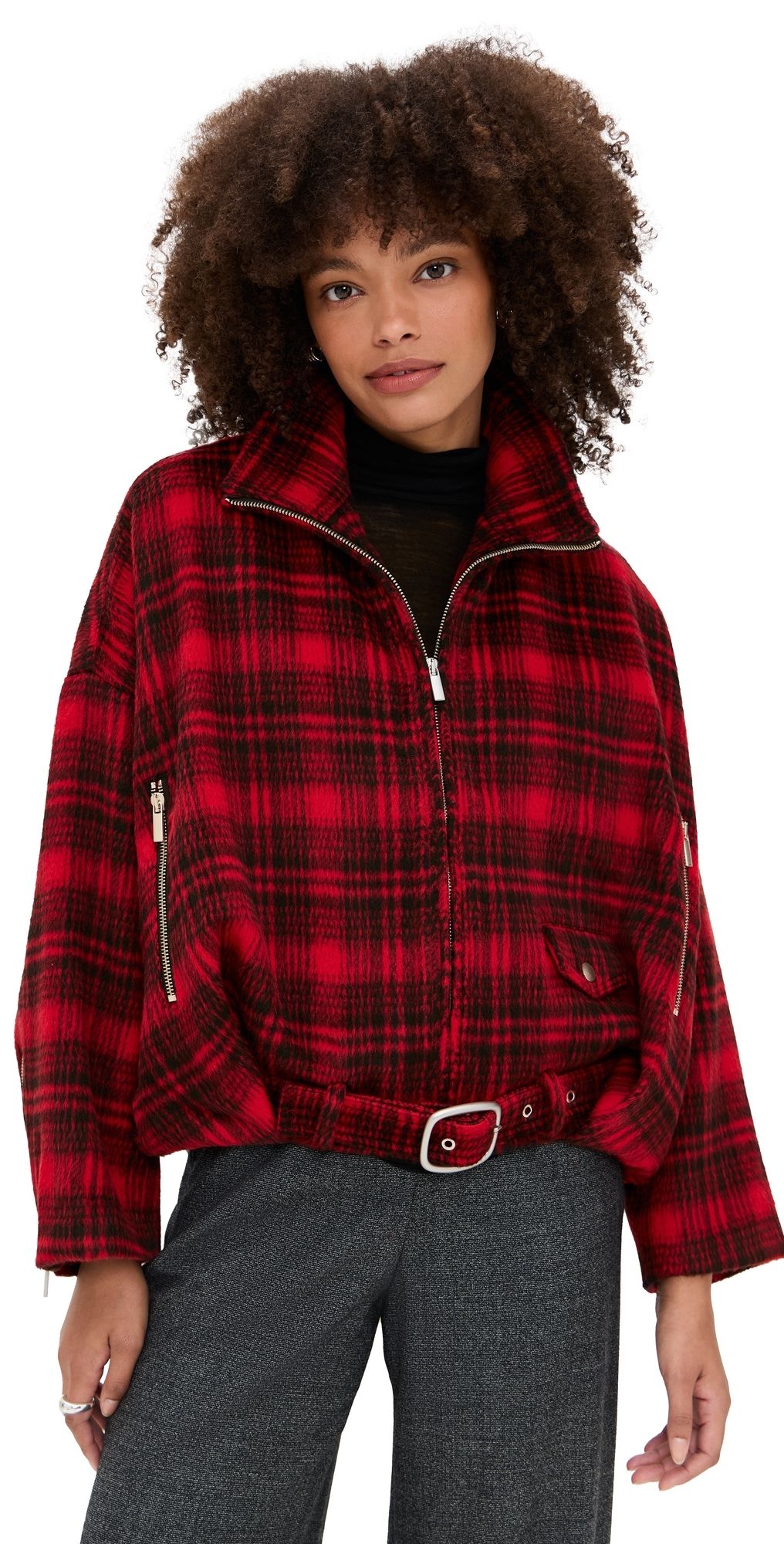 MEIMEIJ Checkered Oversized Blouson Belted Bomber Red and Black 38