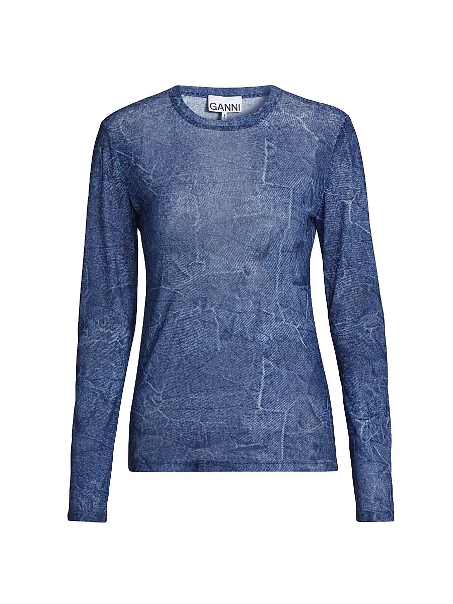 Women's Marl Mesh Long-Sleeve Crewneck Blouse - Denim - Size 10