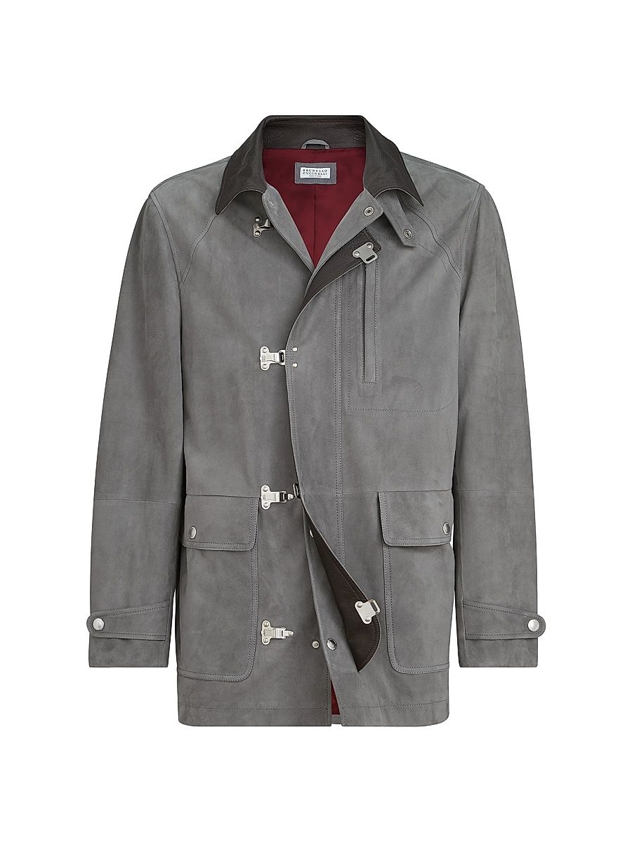 Men's Suede Outerwear Jacket with Hook Fastening - Medium Grey - Size XXS