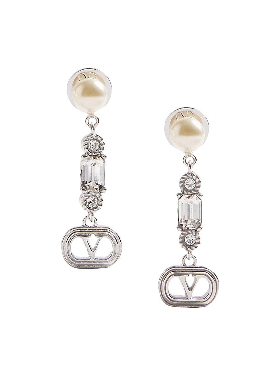 Women's Ovalette Metal, Pearl and Swarovski Crystal Earrings - Rhodium