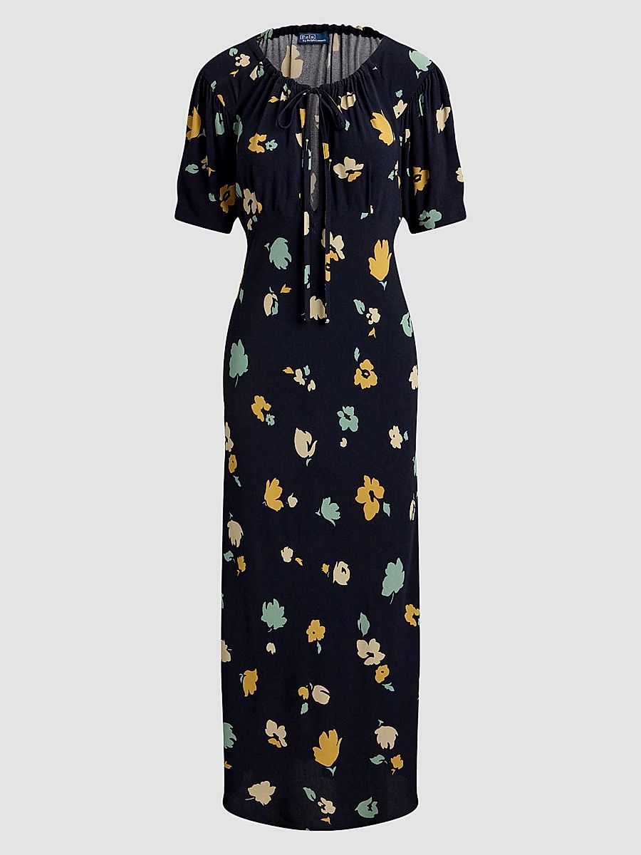 Women's Floral Crepe Midi Dress - Tulip Navy Yellow - Size 8