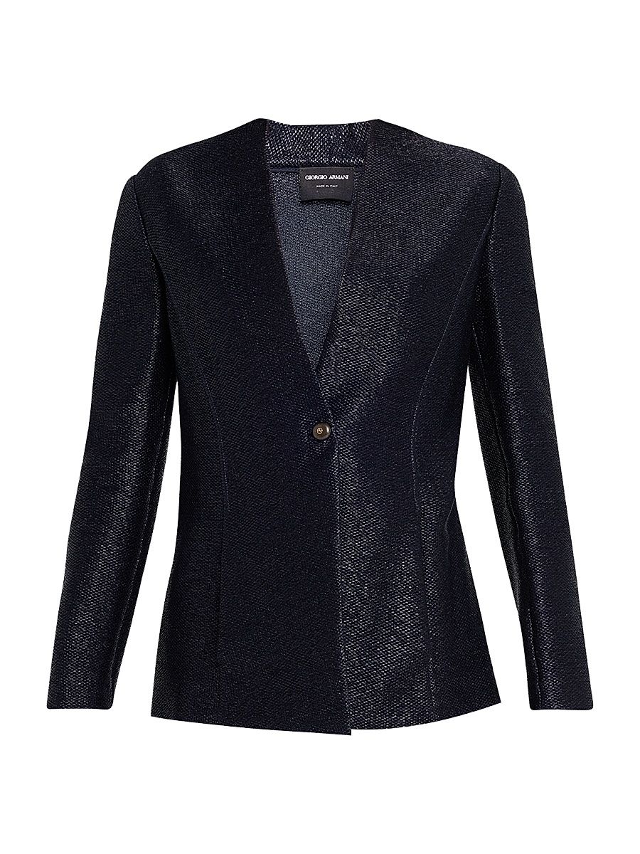Women's Metallic Woven Single-Button Collarless Jacket - Solid Medium Blue - Size 14