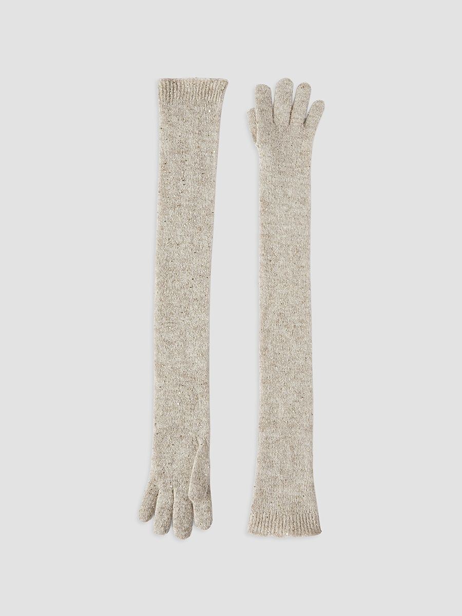 Women's Lace Flowers Knit Long Gloves in Sparkling Mohair and Virgin Wool - Buff - Size Small