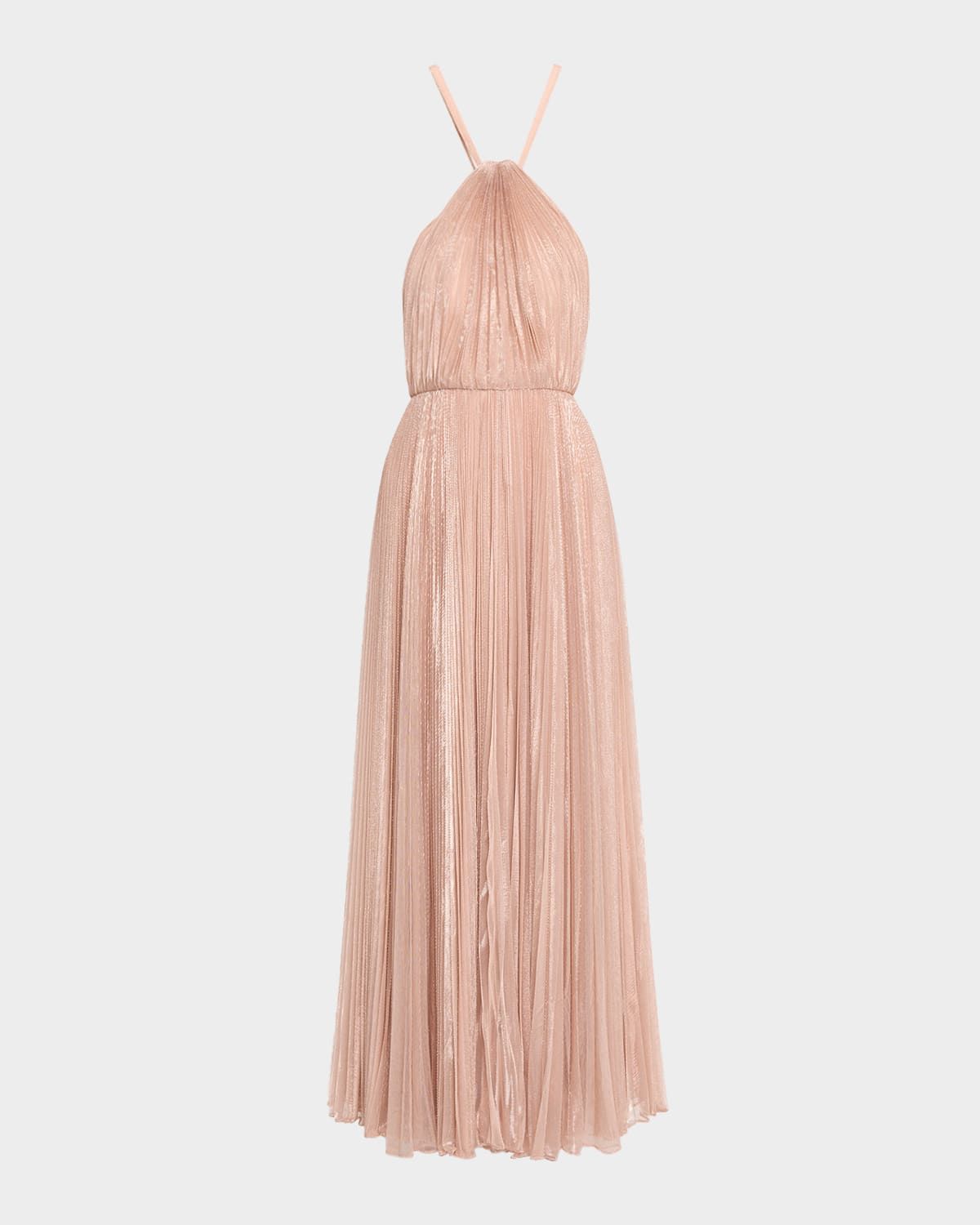Marisol Pleated Shimmer Halter Gown