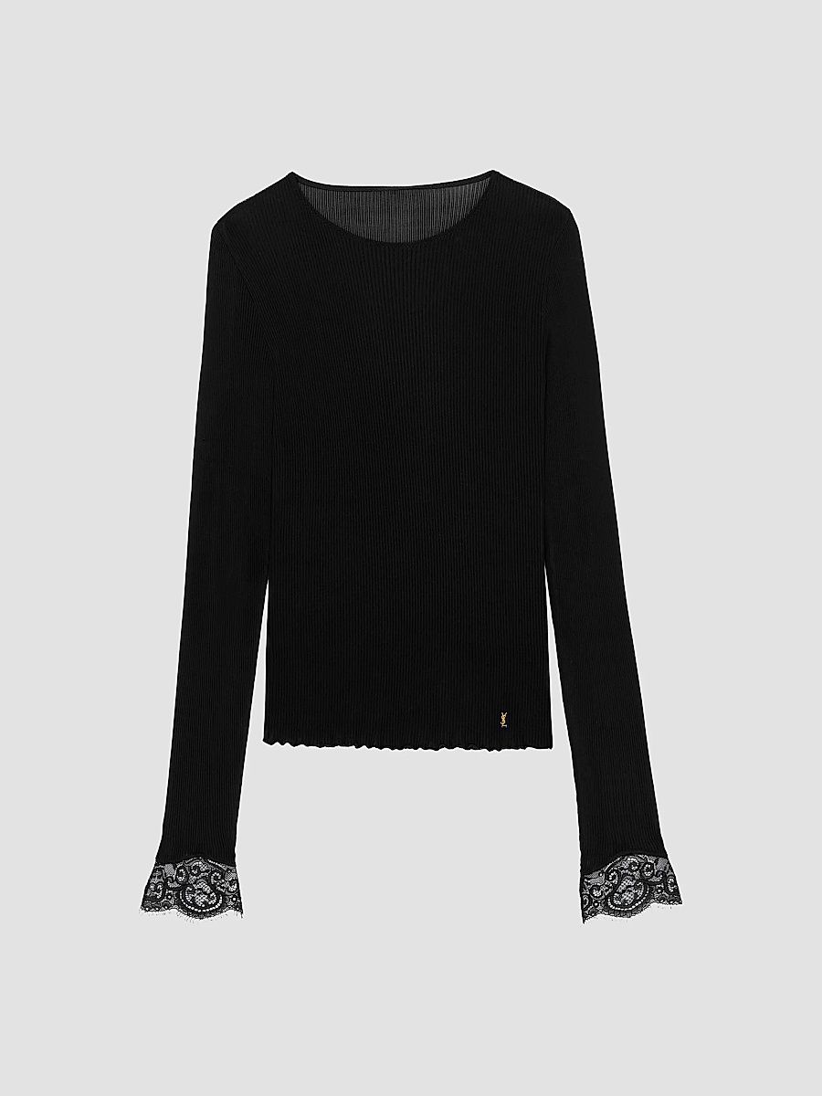 Saint Laurent Women's Cassandre Lace-Cuff Top in Ribbed Silk Jersey - Noir - Size XS