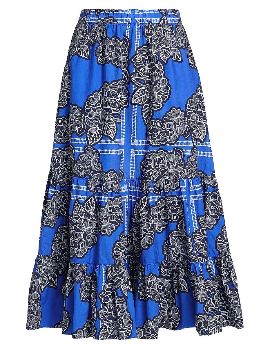Women's Chase Floral Cotton Tiered Midi-Skirt - Carved Petals Cobalt - Size XL