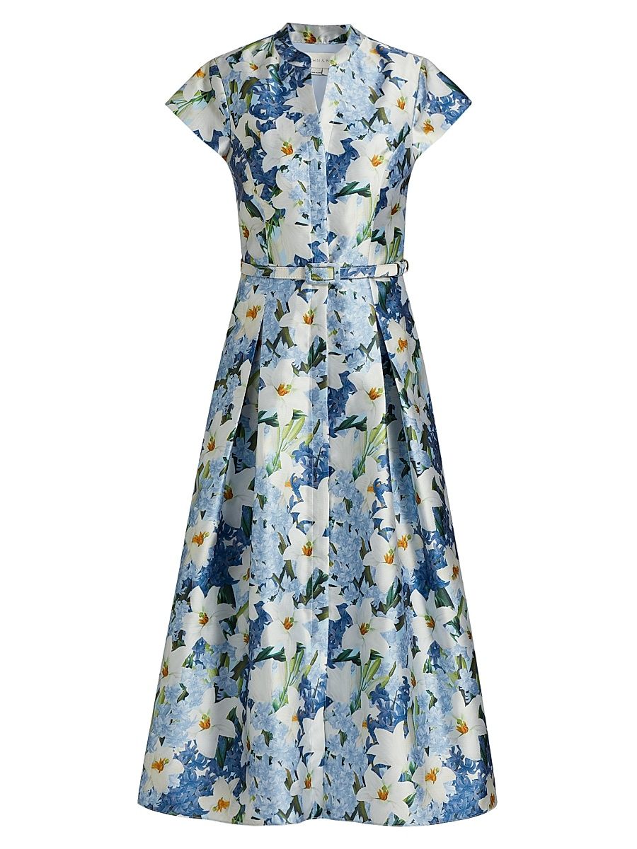 Women's Martine Floral Mikado Midi-Dress - Sky Blue Star Lillies - Size 8