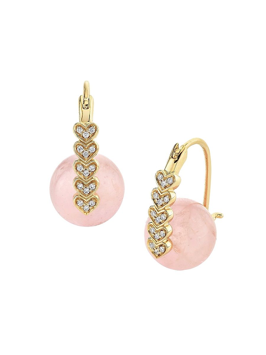 Women's 14K Gold, Diamond & Morganite Heart Bead Earrings - Pink